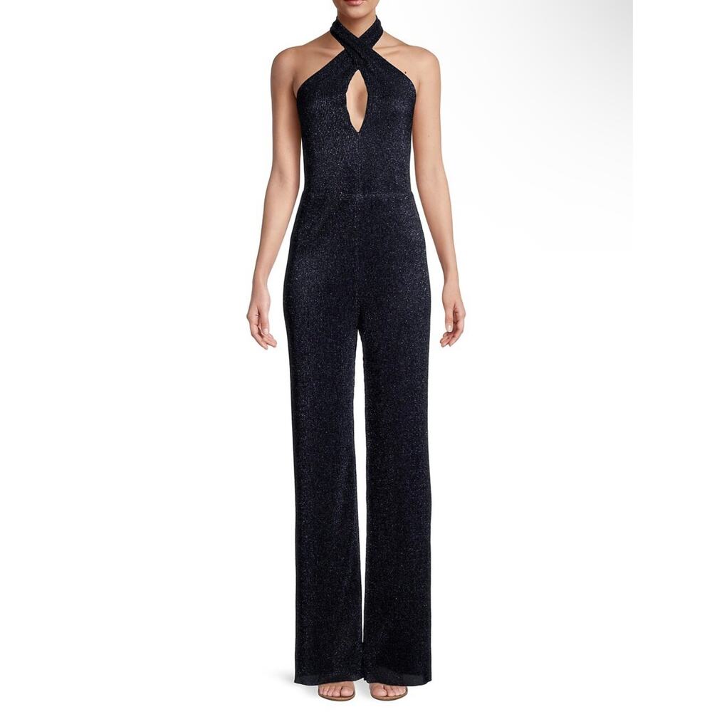 Black Halo Bode Blue Moon Metallic Halter Wide Leg Jumpsuit Size 10 NWT